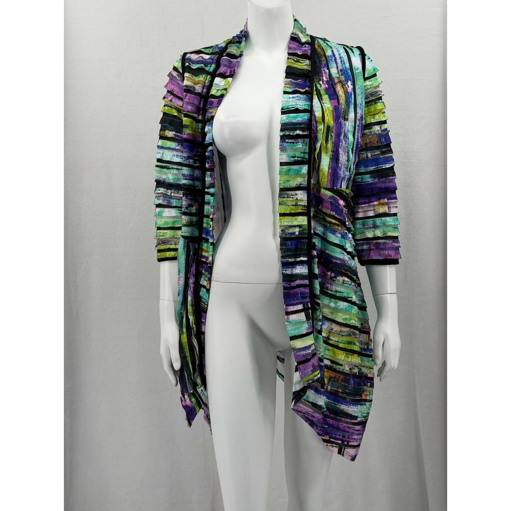 IC by Connie K Cardigan Womens Medium Green Purple Abstract Artsy Textured Sheer